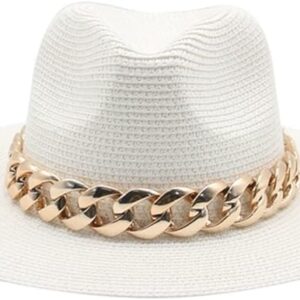 SOLEORO Chic Wide Brim Panama Fedora Straw Sun Hat with Gold Chain for Women Pool Beach Vacation Bachelorette