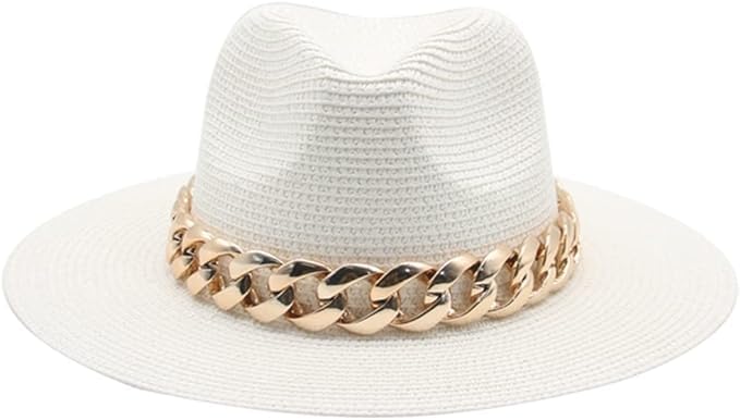 SOLEORO Chic Wide Brim Panama Fedora Straw Sun Hat with Gold Chain for Women Pool Beach Vacation Bachelorette