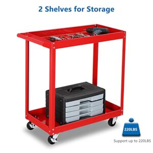 TUFFIOM 2 Tier Rolling Tool Cart, 220 LBS Capacity Industrial Service Cart w/Wheels, 2 Shelf Steel Utility Cart, Tool Storage Organizer for Mechanic, Garage, Workshop, Warehouse & Repair Shop, Red