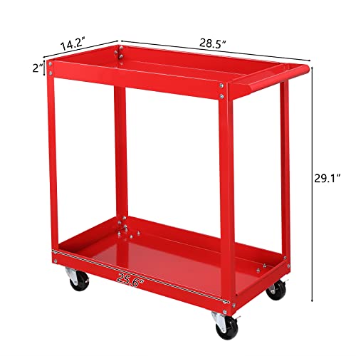 TUFFIOM 2 Tier Rolling Tool Cart, 220 LBS Capacity Industrial Service Cart w/Wheels, 2 Shelf Steel Utility Cart, Tool Storage Organizer for Mechanic, Garage, Workshop, Warehouse & Repair Shop, Red