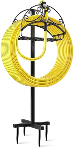 Helhom Garden Hose Holder Freestanding, Water Hose Holders with Storage Basket Detachable Garden Hose Stand Heavy Duty for Outside Lawn Yard