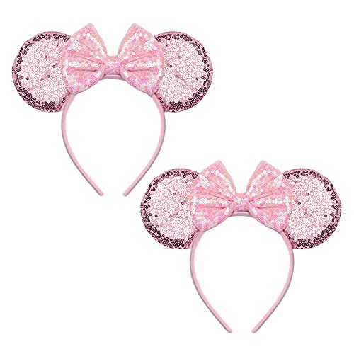 ZYTJ 2 Pcs Mouse Ears Headbands,Shiny Bows Mouse Ears Headbands for Birthday Parties, Themed Events, A Perfect Addition to Your Trip Essentials and Accessories for Women allpink