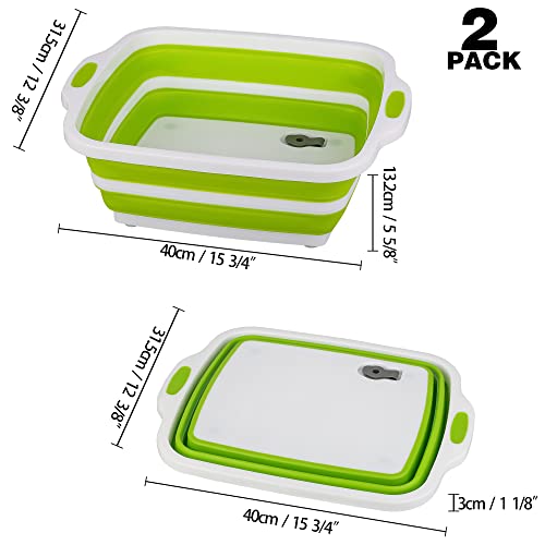 2 Pack Collapsible Cutting Board, Foldable Dish Tub with Draining Hole, Portable Chopping Board with Colander, 3 in 1 Multifunction Camping Sink for Washing Dish, Bowl, Vegetables and Fruit