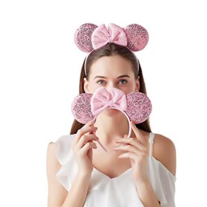 ZYTJ 2 Pcs Mouse Ears Headbands,Shiny Bows Mouse Ears Headbands for Birthday Parties, Themed Events, A Perfect Addition to Your Trip Essentials and Accessories for Women allpink