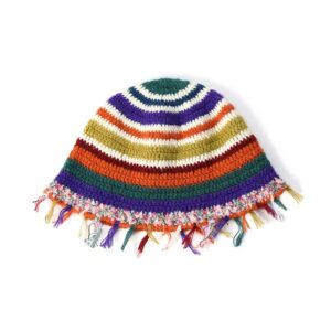 QOOEQPQY Women Stripes Winter Bucket Hat Handmade Crochet Beanie Cap Knitted Fuzzy Hat Colorful Fluffy Trim (Colorful)