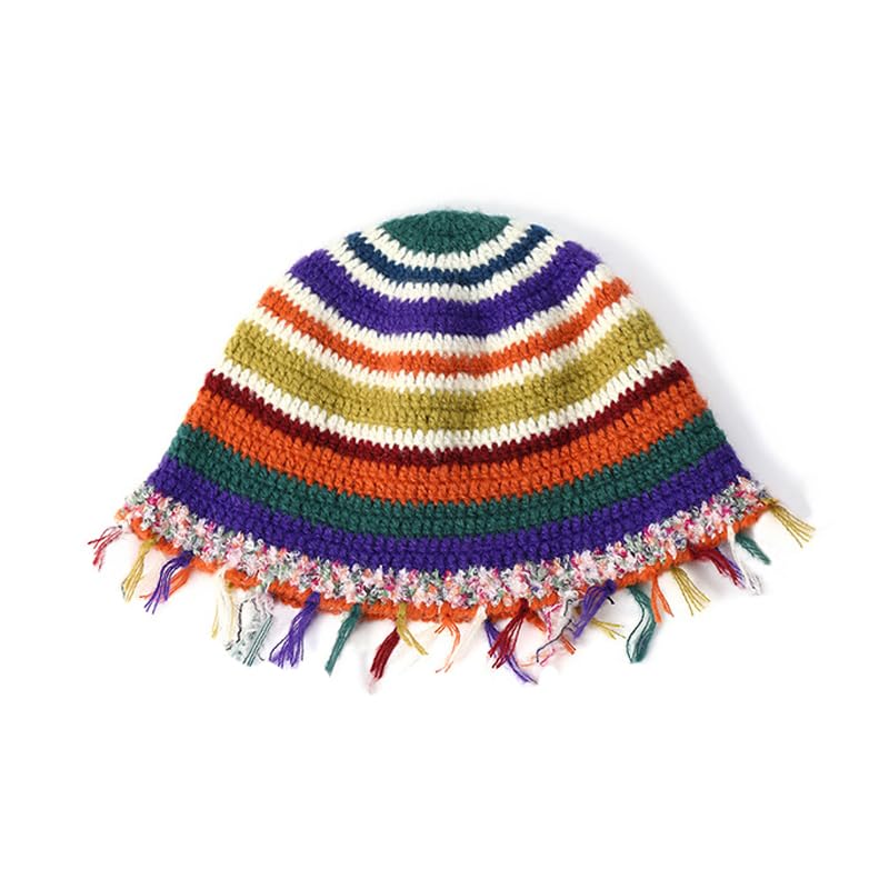 QOOEQPQY Women Stripes Winter Bucket Hat Handmade Crochet Beanie Cap Knitted Fuzzy Hat Colorful Fluffy Trim (Colorful)