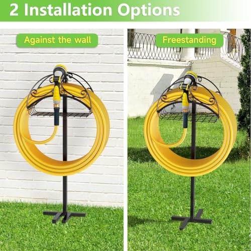 Helhom Garden Hose Holder Freestanding, Water Hose Holders with Storage Basket Detachable Garden Hose Stand Heavy Duty for Outside Lawn Yard