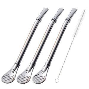 bombilla yerba mate straws, 3 pack reusable colorful tea coffee cocktail stainless steel bent smooth flow drinking stir filter spoon straws with cleaning brush by beruth (silver)