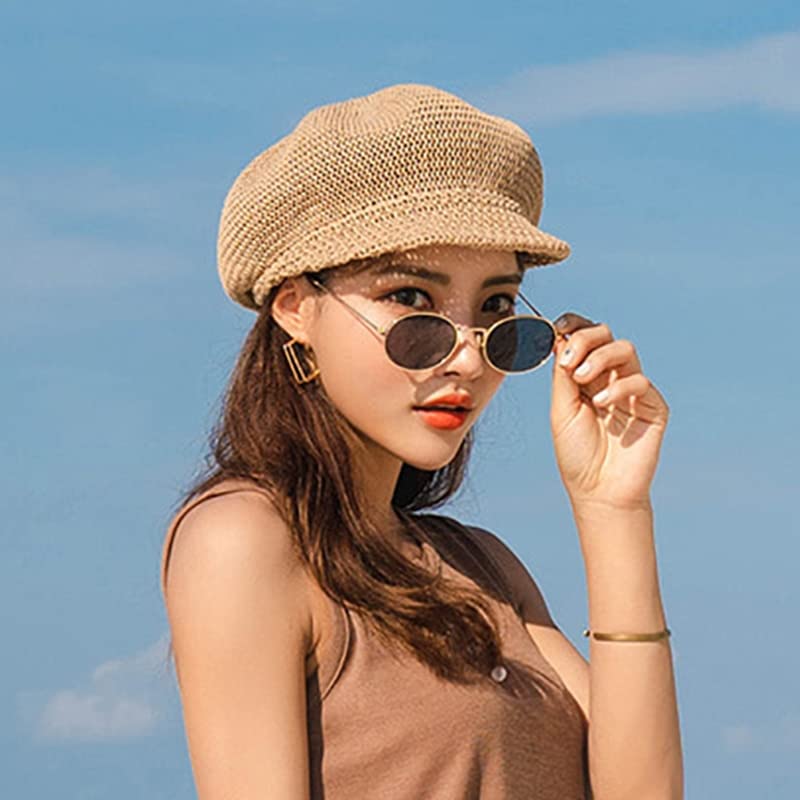 Wubruny Women Summer Octagonal Cap Straw Thin Newsboy Cap Painter Adjustable Rope Knitted Beret Mesh Breathable Boinas para Mujer Hat (Khaki)