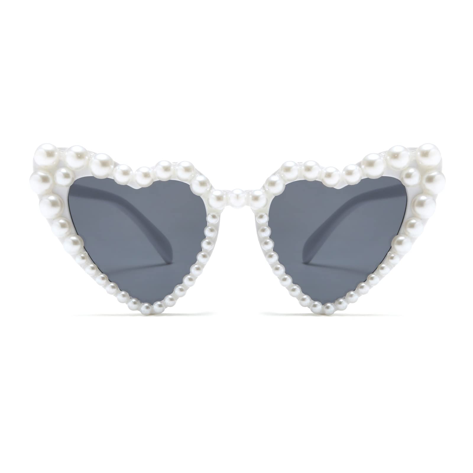 Long Keeper Love Pearl Sunglasses for Women Luxury Vintage Heart Sun Glasses Party Festival Cat Eye Bling Sunglasses UV400 (White)