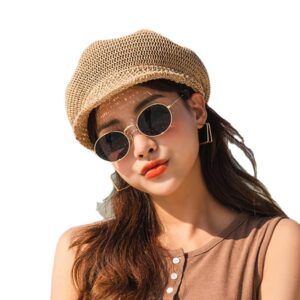 Wubruny Women Summer Octagonal Cap Straw Thin Newsboy Cap Painter Adjustable Rope Knitted Beret Mesh Breathable Boinas para Mujer Hat (Khaki)