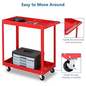 TUFFIOM 2 Tier Rolling Tool Cart, 220 LBS Capacity Industrial Service Cart w/Wheels, 2 Shelf Steel Utility Cart, Tool Storage Organizer for Mechanic, Garage, Workshop, Warehouse & Repair Shop, Red