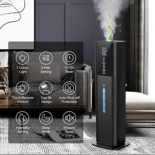 Humidifiers Large Room Bedroom with 7 Colors Light, 2.1Gal(8L) 3 Speed Quiet Ultrasonic Cool Mist Humidifier with 360° Nozzle, Humidity Setting, Timer,Aroma Box for Home Plant Baby Yoga Sleep (Black)