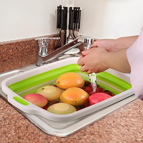 2 Pack Collapsible Cutting Board, Foldable Dish Tub with Draining Hole, Portable Chopping Board with Colander, 3 in 1 Multifunction Camping Sink for Washing Dish, Bowl, Vegetables and Fruit