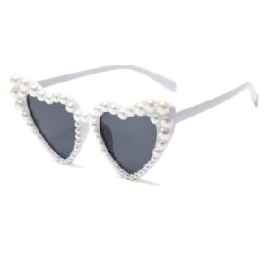 Long Keeper Love Pearl Sunglasses for Women Luxury Vintage Heart Sun Glasses Party Festival Cat Eye Bling Sunglasses UV400 (White)