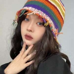 QOOEQPQY Women Stripes Winter Bucket Hat Handmade Crochet Beanie Cap Knitted Fuzzy Hat Colorful Fluffy Trim (Colorful)