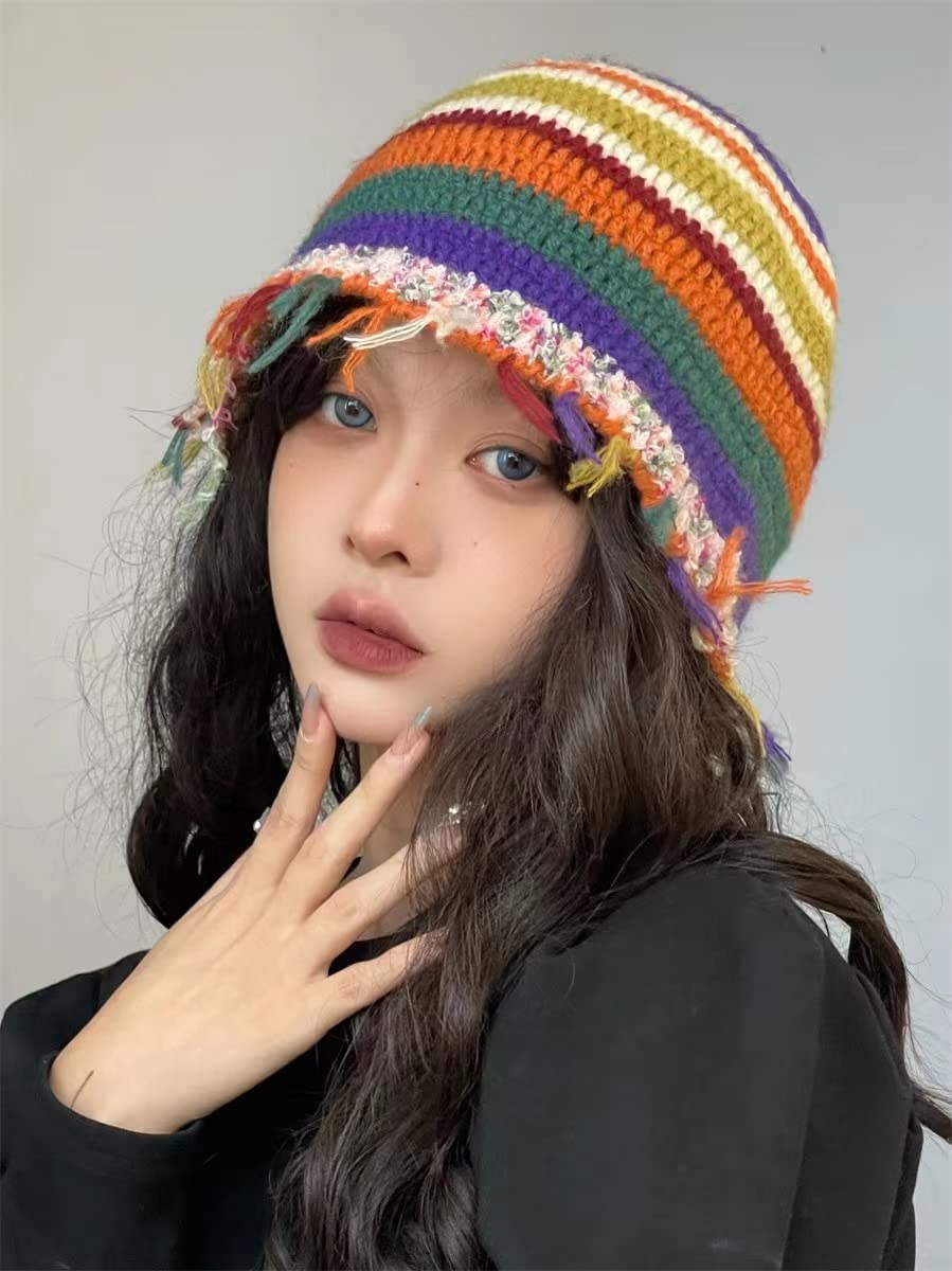 QOOEQPQY Women Stripes Winter Bucket Hat Handmade Crochet Beanie Cap Knitted Fuzzy Hat Colorful Fluffy Trim (Colorful)