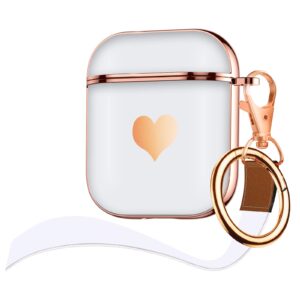 maxjoy compatible with airpods case,for airpods 2nd generation case cute electroplating with gold heart pattern with lanyard shockproof cover for girls woman airpods 2 &1-white