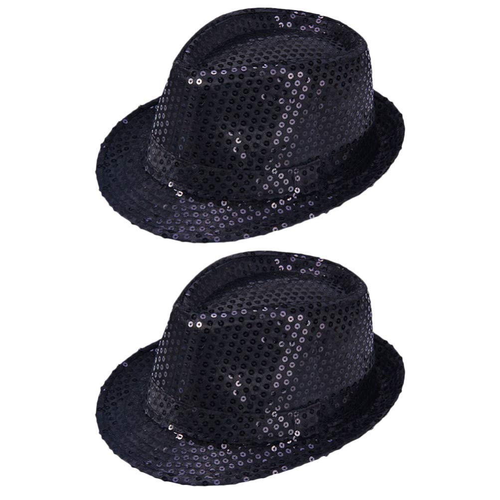 TENDYCOCO 2pcs Fashion Sequin Fedora Hats for Women Men Jazz Hat Disco-Black