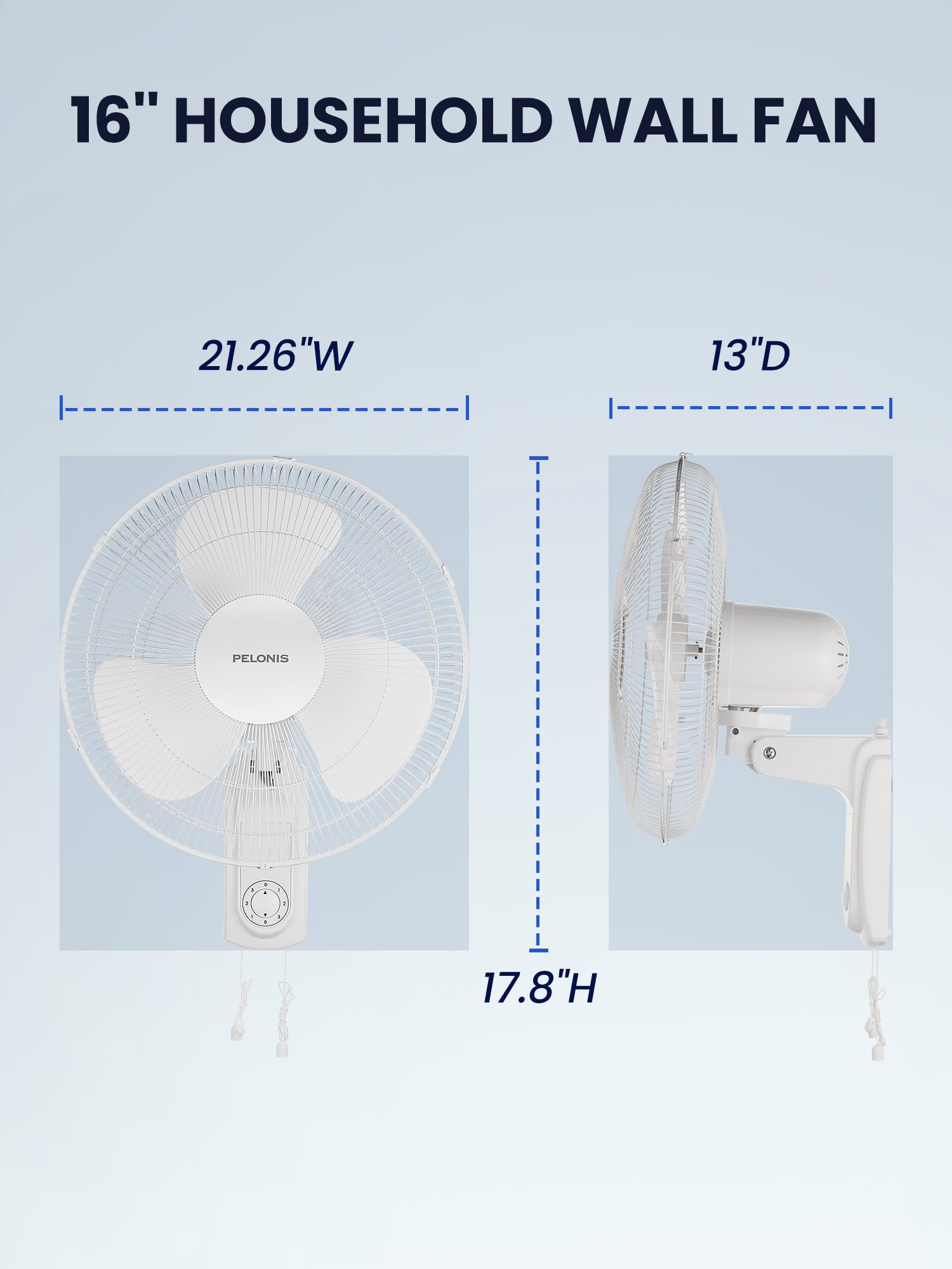 PELONIS 16’’ Wall Mount Fan with 3 Speed Settings Oscillating Household Wall Mounted Fan with Adjustable Tilt High Velocity for Garage Patios Bedroom, 2 Packs White