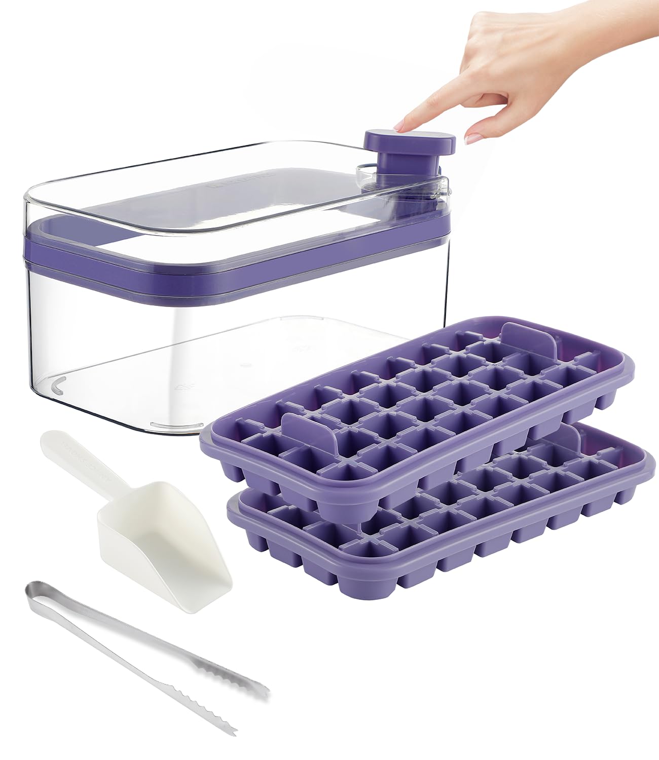 Ice Cube Trays with LId and Bin, Easy Release Ice Trays for Freezer, 2 Pack Ice Cube Molds, 64 Pcs Ice Cube Tray, Large Capacity Ice Tray Holder, Includes Ice Tong, Ice Spoon, for Whiskey, Cocktail.