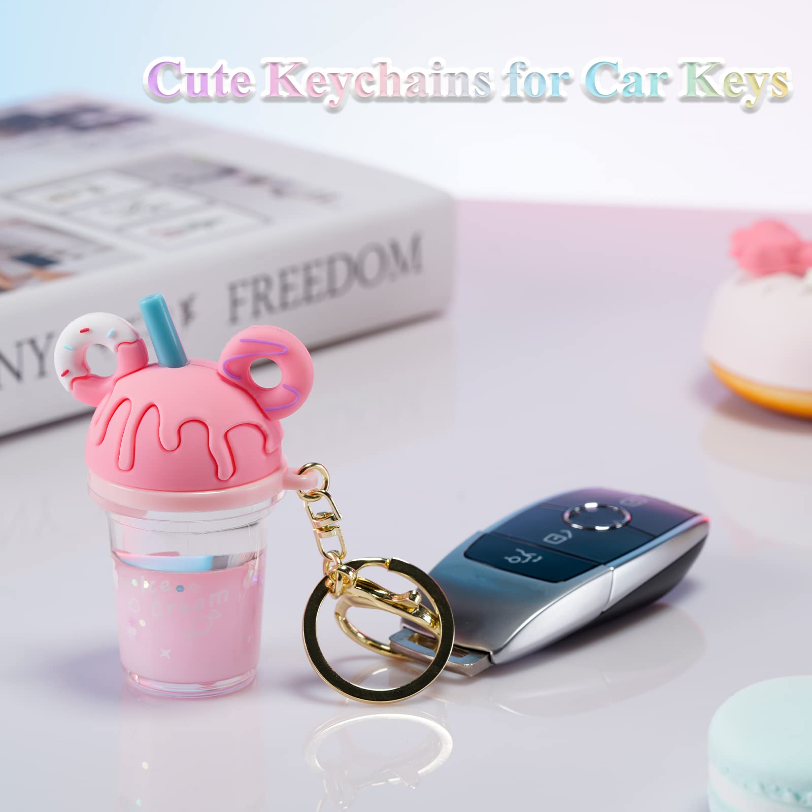 YOU WIZV Liquid Keychain, Kawaii Cute Donut Charms for Backpacks, Aesthetic Bubble Tea Boba Water Keychain for Girls, Kids,Women, Daughters, Boys（Pink Keychain）