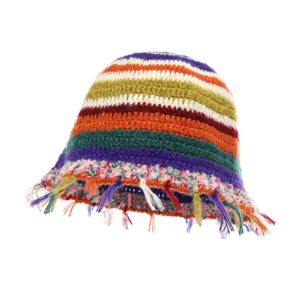 qooeqpqy women stripes winter bucket hat handmade crochet beanie cap knitted fuzzy hat colorful fluffy trim (colorful)