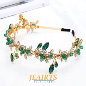 JEAIRTS Green Rhinestone Headband Gold Leaf Wedding Headpiece Bridal Crystal Hair Pieces Beaded Hair Hoop Glitter Bride Hair Accessories for Women and Girls