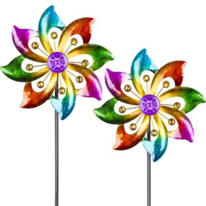 dreamysoul 2 packs outdoor metal wind spinner, colorful pinwheels for yard and garden, kinetic rainbow spinner wind sculpture garden decor