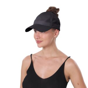 BUTITNOW New Upgraded Women Backless Baseball Cap High Ponytail Snapback Curl Caps Adjustable High Messy Bun Ponycap Black