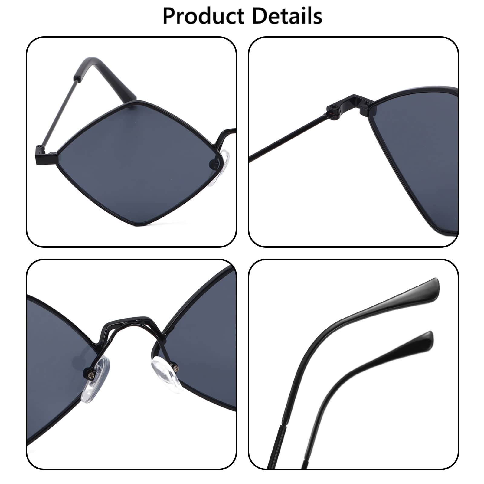 Dazzleimart Retro Diamond Shape Sunglasses for Men Women, Trendy Metal Quadrilateral Frame Shades UV Protection Film Sun Glasses (Black-Black Gray)