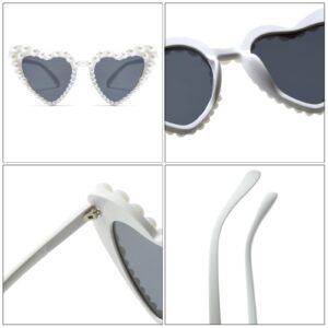 Long Keeper Love Pearl Sunglasses for Women Luxury Vintage Heart Sun Glasses Party Festival Cat Eye Bling Sunglasses UV400 (White)