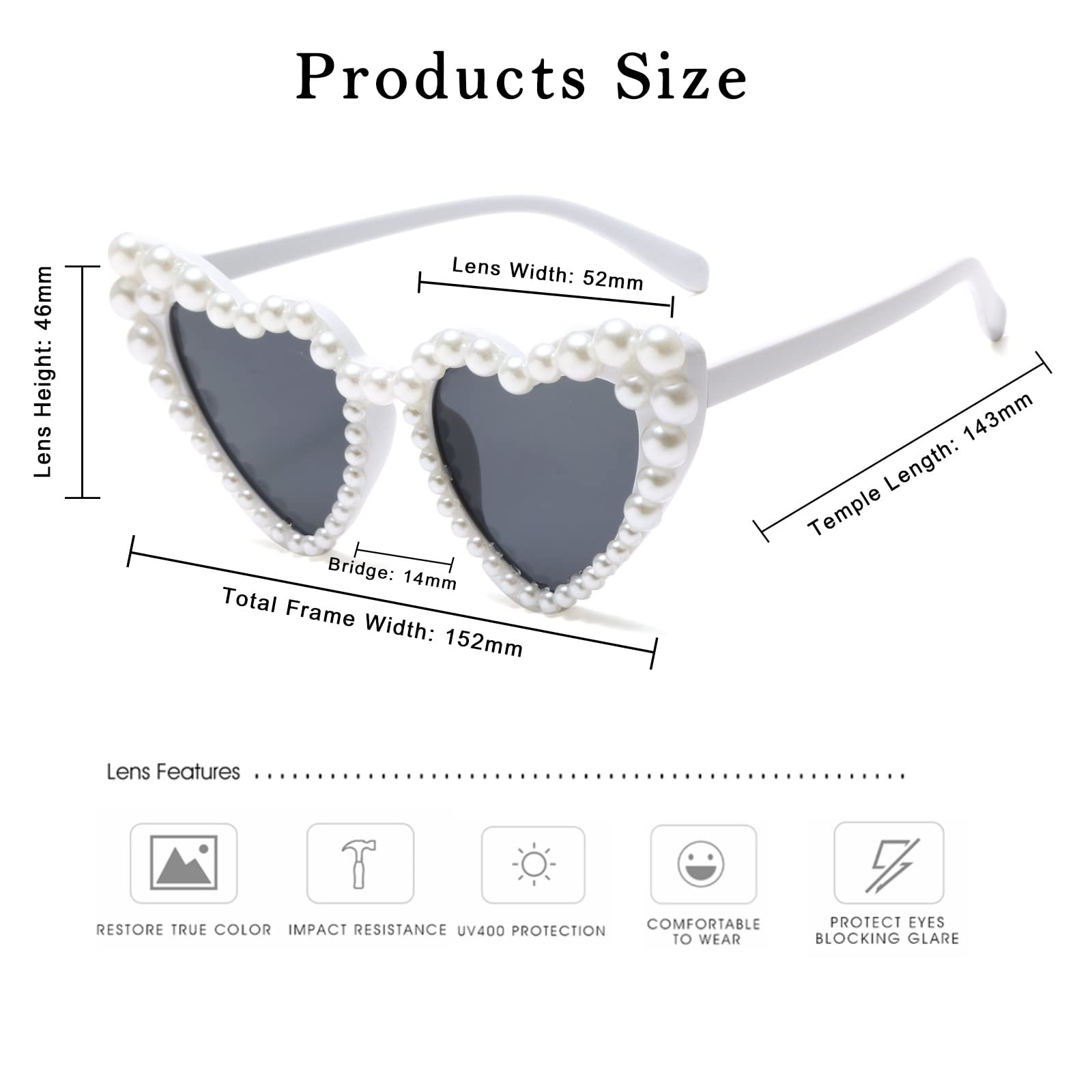 Long Keeper Love Pearl Sunglasses for Women Luxury Vintage Heart Sun Glasses Party Festival Cat Eye Bling Sunglasses UV400 (White)