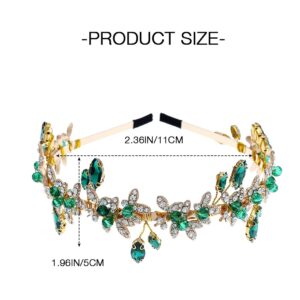 JEAIRTS Green Rhinestone Headband Gold Leaf Wedding Headpiece Bridal Crystal Hair Pieces Beaded Hair Hoop Glitter Bride Hair Accessories for Women and Girls