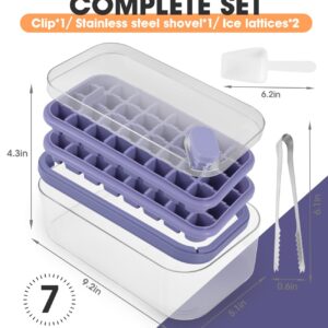 Ice Cube Trays with LId and Bin, Easy Release Ice Trays for Freezer, 2 Pack Ice Cube Molds, 64 Pcs Ice Cube Tray, Large Capacity Ice Tray Holder, Includes Ice Tong, Ice Spoon, for Whiskey, Cocktail.