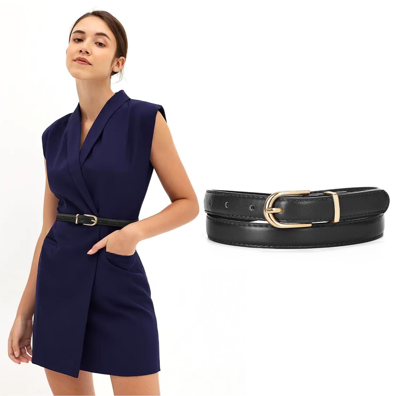 JASGOOD Womens Thin Leather Belt Skinny Faux Leather Belt for Jeans Dress with Gold Alloy Buckle,Black/Fit Waist Size 26-31 inch