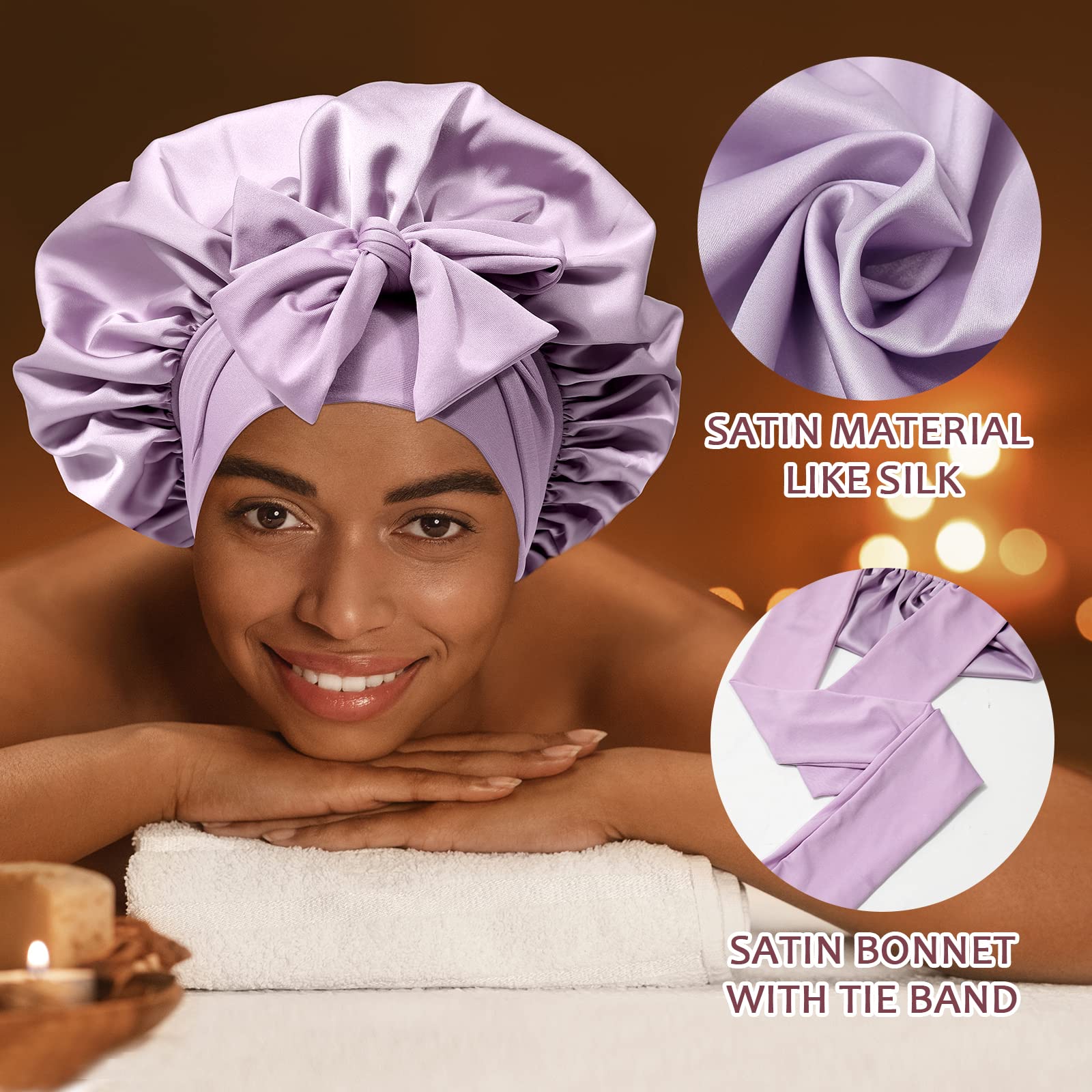 Satin Hair Bonnet Wide Band - Silk Like Sleeping Bonnets for Curly Hair Hair Wrap for Night Cap with Tie Band Breathable Satin Bonnet for Women and Girls (Purple)