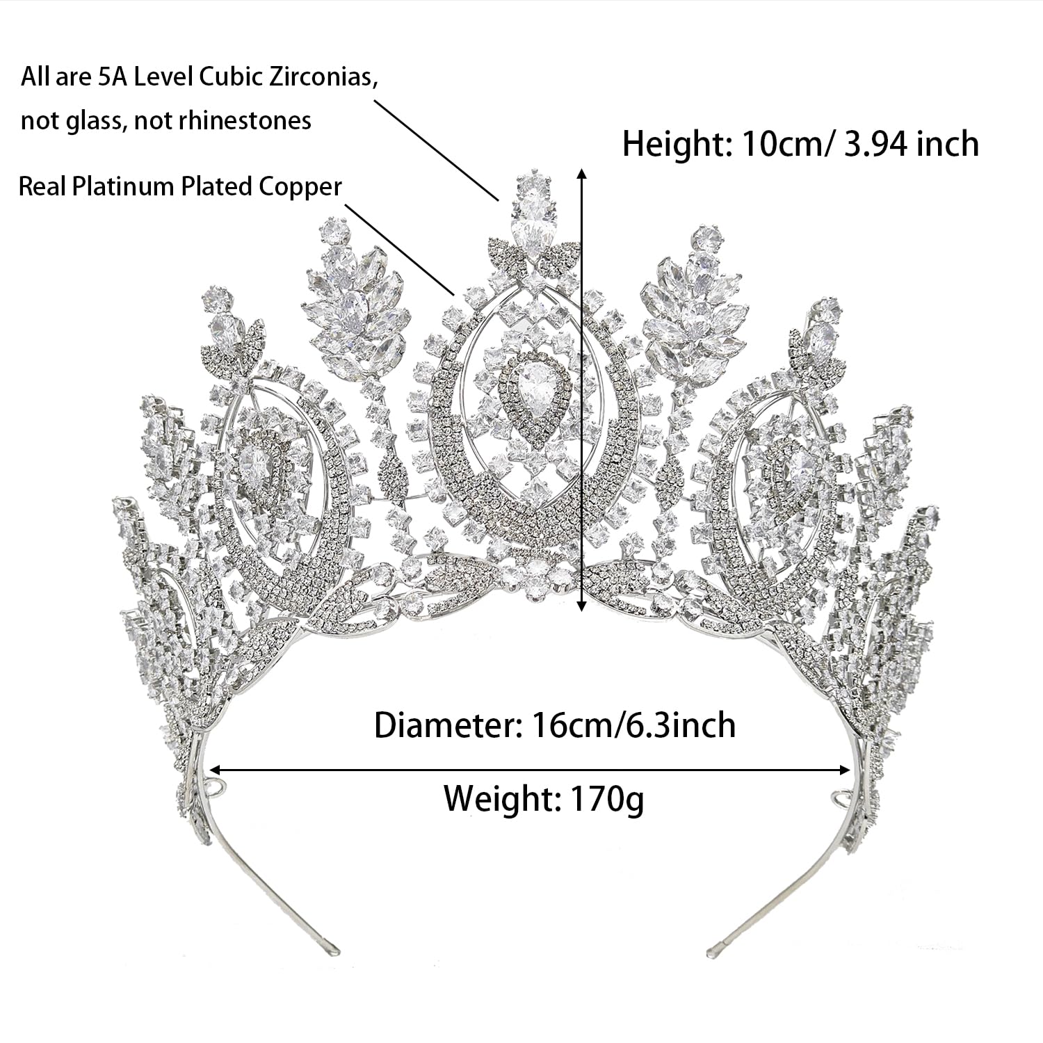 Tall Royal Queen Crown Silver Cubic Zirconia Large Wedding Tiara for Bride Prom Quinceanera Pageant Princess Headpieces Birthday Party CZ Bridal Hair Accessories