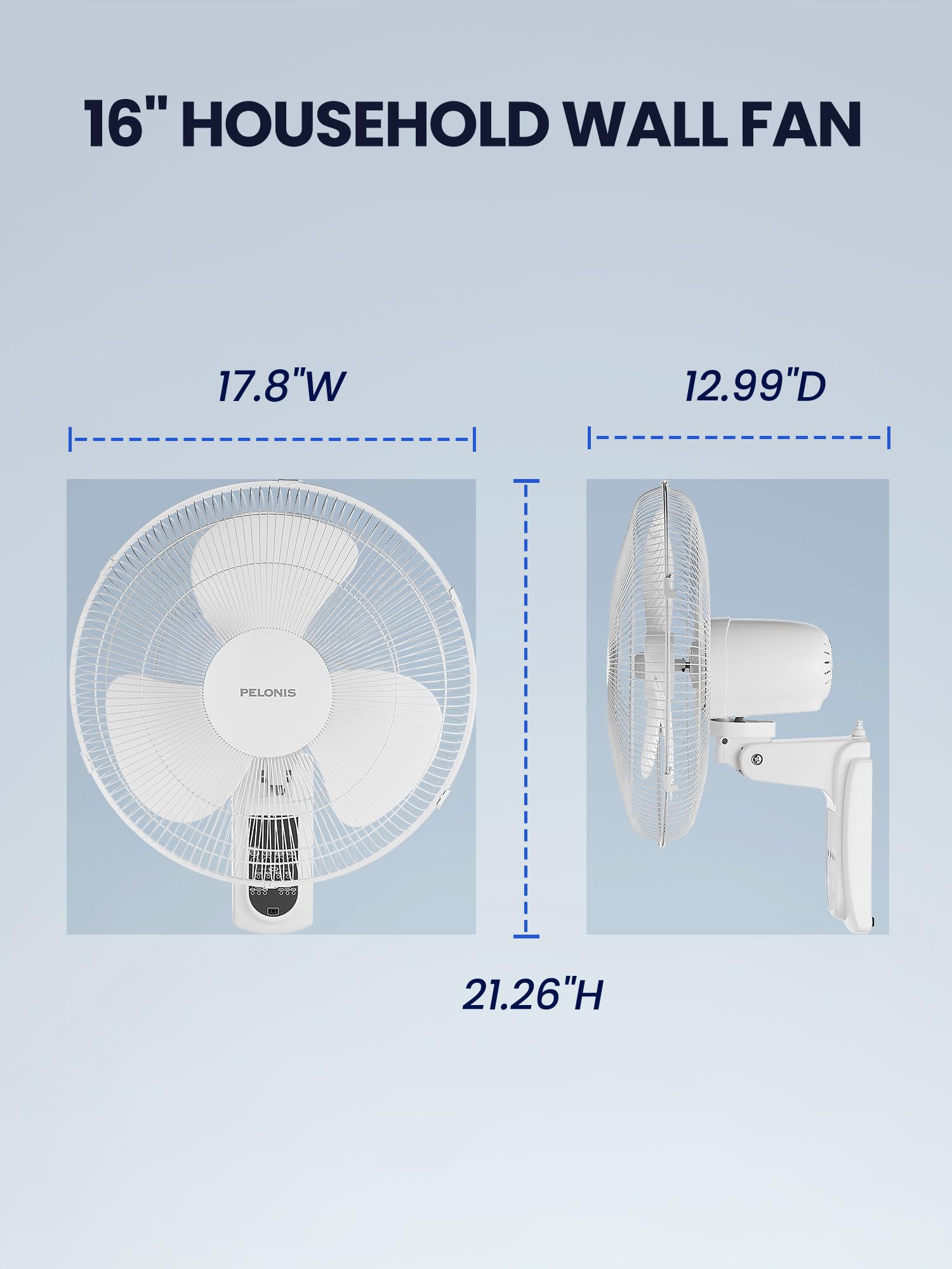 PELONIS 16‘’ Wall Mount Fan with 3 Speed Settings Oscillating Fan with Adjustable Tilt High Velocity Household Wall Mounted fan, for Garage Patios Bedroom 2 Packs White