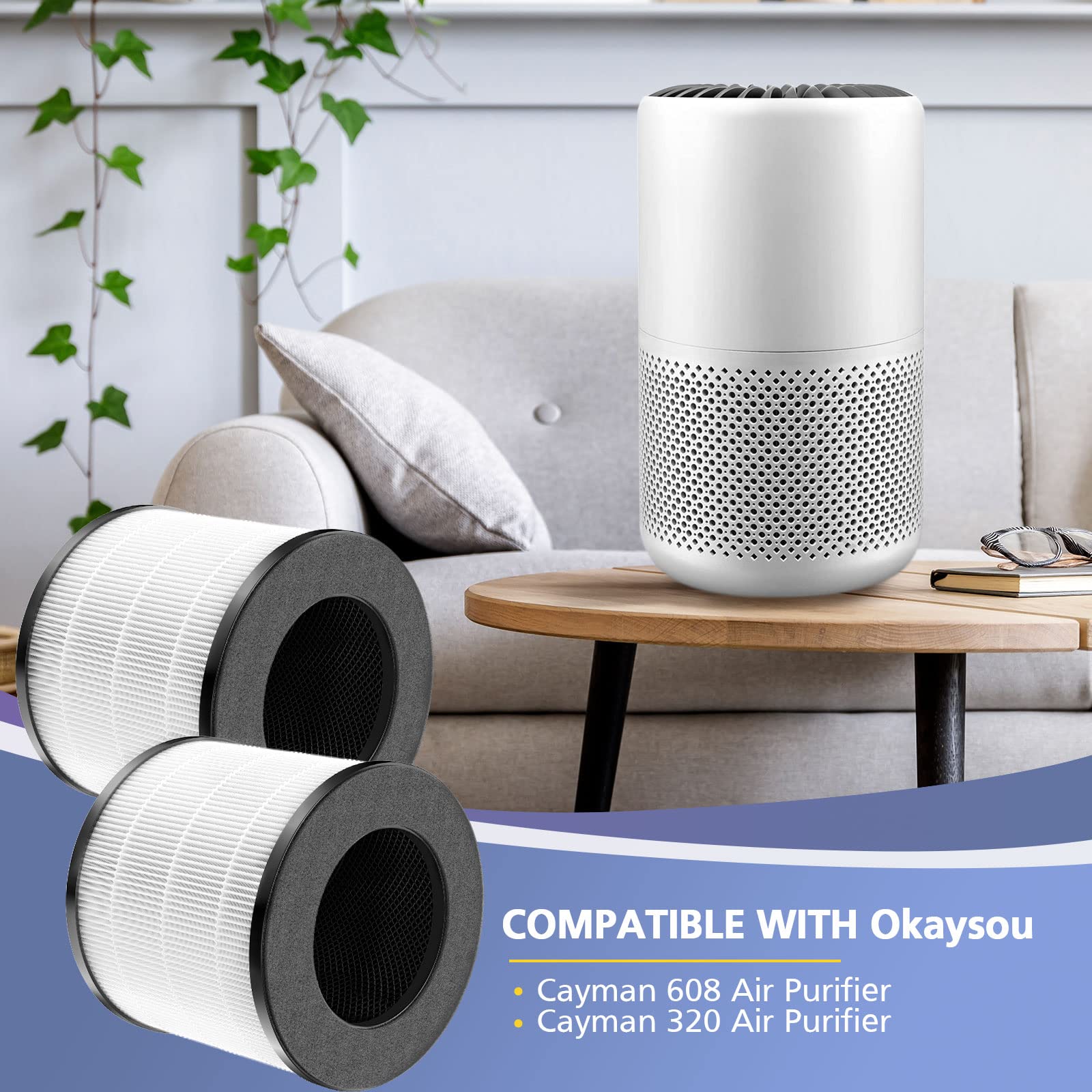 Cayman 608/320 Filter Compatible with Okaysou Cayman 608/320 Air Purifie-r, 3-in-1 True HEPA, High-Efficiency Activated Carbon, Pre-Filter for Cayman 608 & Cayman 320, 2 Pack