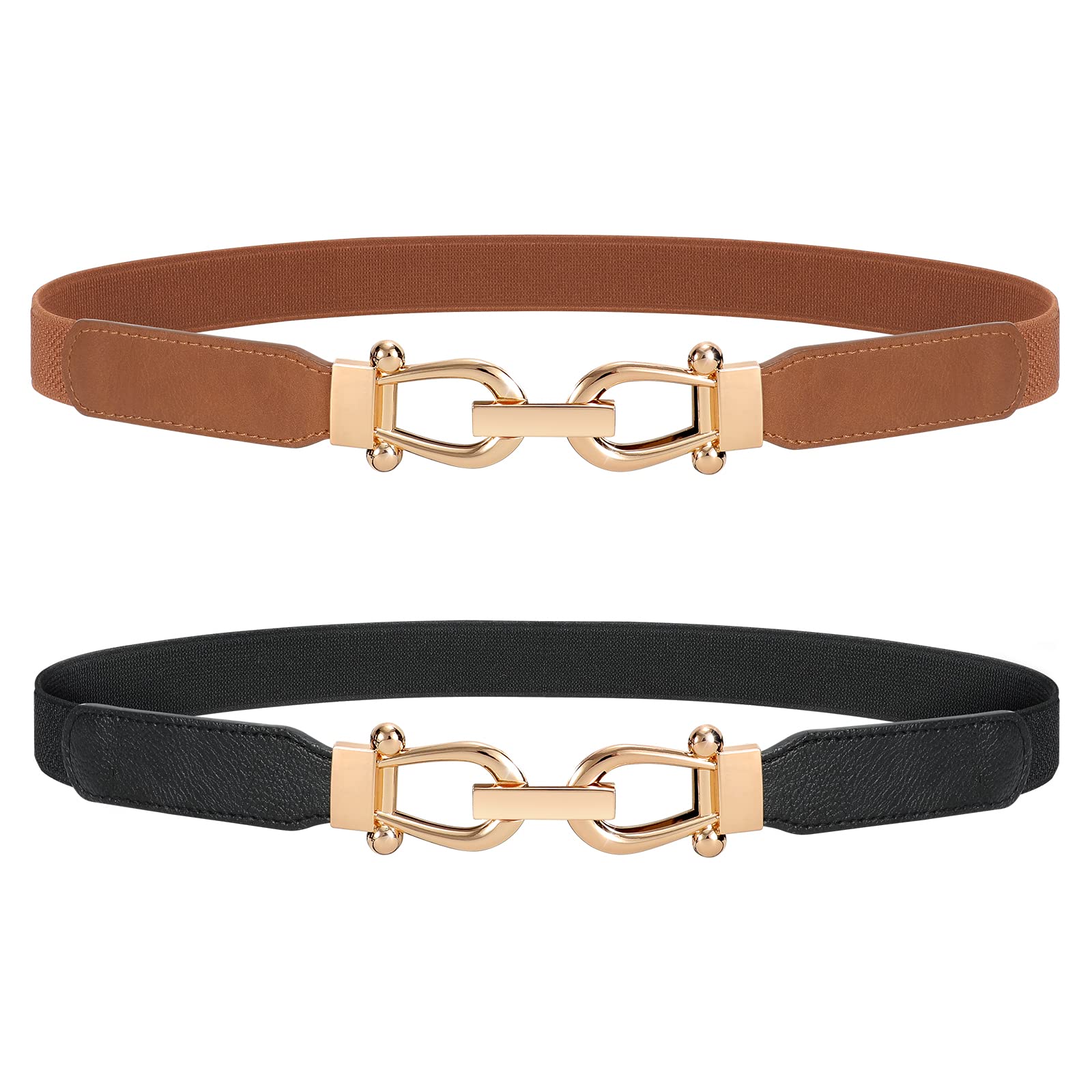 JASGOOD 2 Pack Women Stretchy Waist Belt Retro Elastic Skinny Belt for Ladies with Gold Buckle