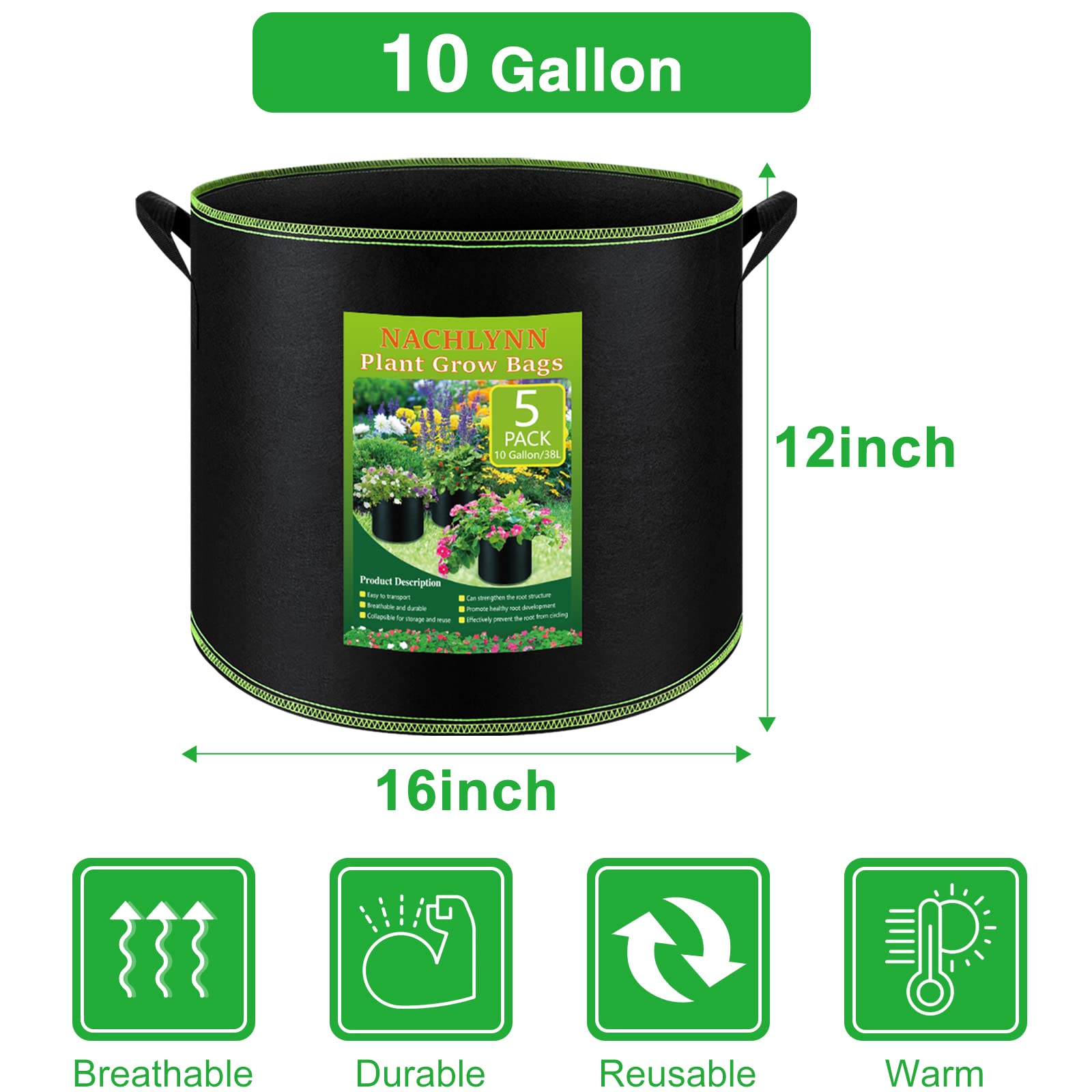 NACHLYNN 5-Pack 10 Gallon Grow Bags with Handles Thickened Nonwoven Fabric Pots Heavy Duty Aeration Fabric Pots Plant or Fruits Flowers Plant