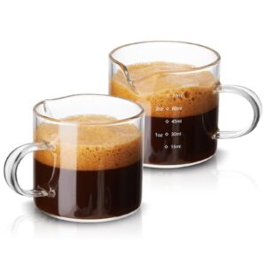 mfacoy 2 pack measuring cups, 75ml espresso cups with handle, espresso shot glasses with v-shaped mouth, clear accessories, milk frothing pitcher