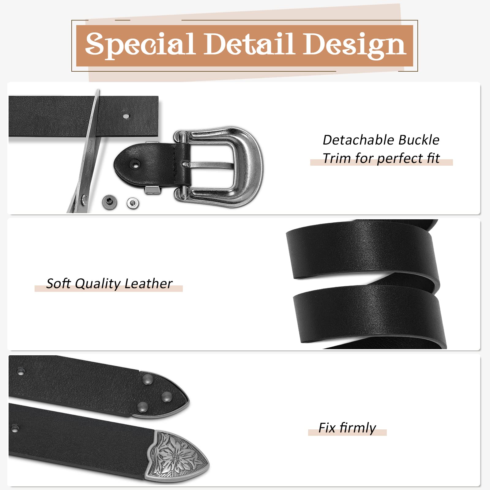 WHIPPY Vintage Western Leather Belt for Women Double Buckle Retro Cowgirl Waist Belts for Jeans Pants and Dresses Black Silver Tone M