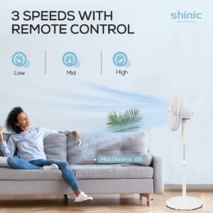 shinic Oscillating Pedestal Fan with Remote Control,3-Speed,Quiet and Powerful,Adjustable Height& Tilt,Auto-off Timer,16-Inch Stand Fan for Home,Bedroom,Living Room,Office,White