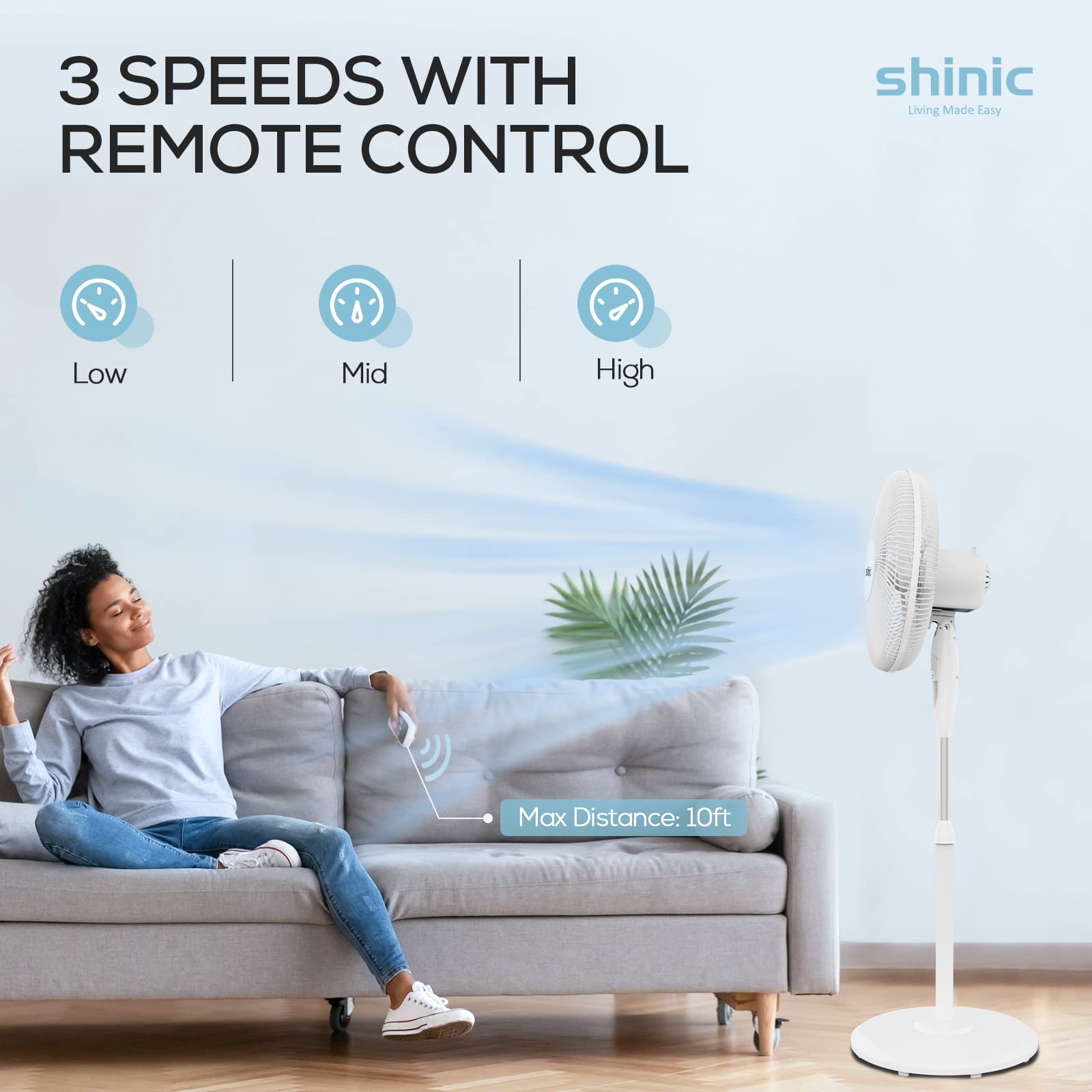 shinic Oscillating Pedestal Fan with Remote Control,3-Speed,Quiet and Powerful,Adjustable Height& Tilt,Auto-off Timer,16-Inch Stand Fan for Home,Bedroom,Living Room,Office,White