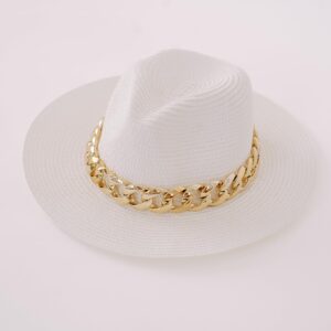 SOLEORO Chic Wide Brim Panama Fedora Straw Sun Hat with Gold Chain for Women Pool Beach Vacation Bachelorette