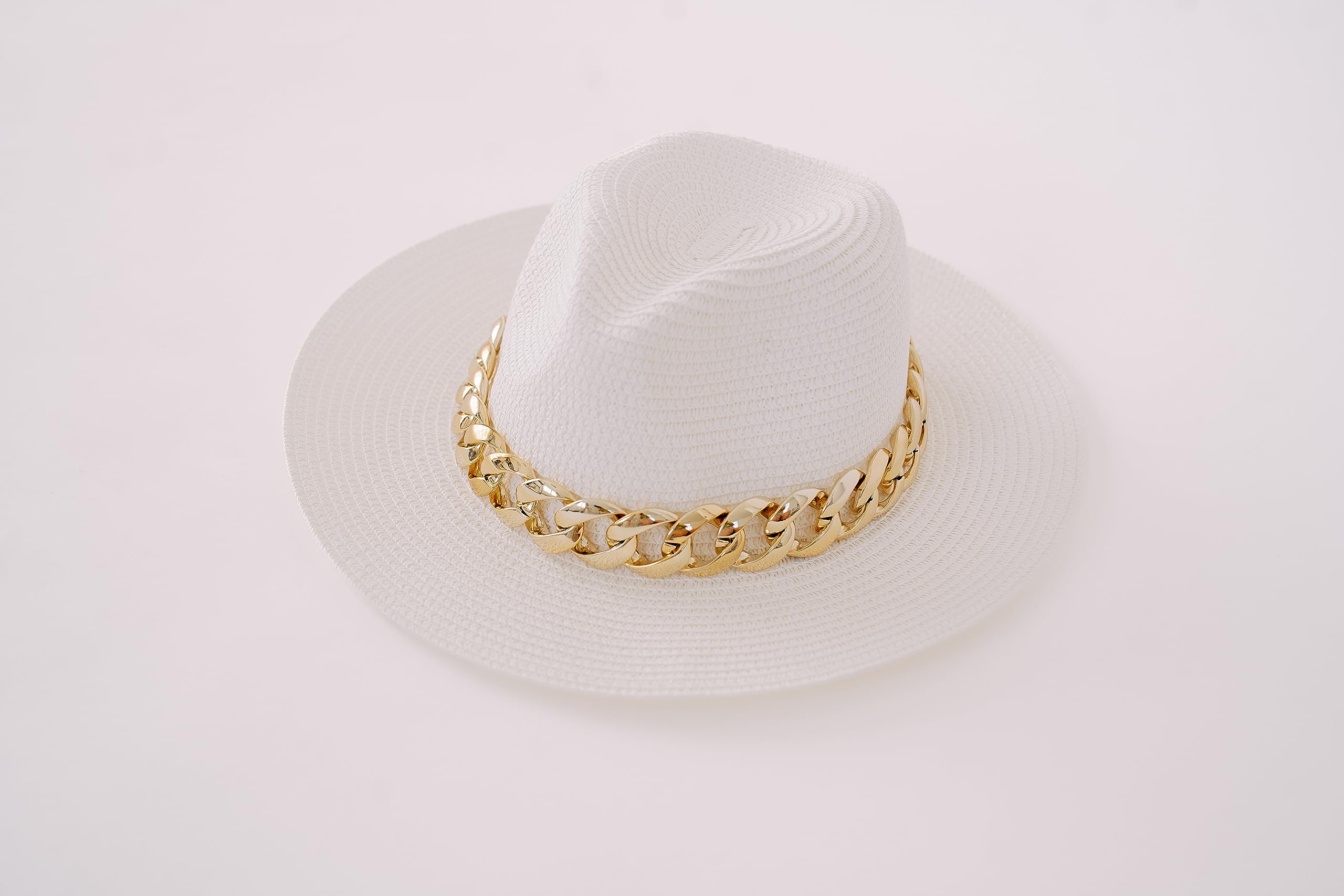 SOLEORO Chic Wide Brim Panama Fedora Straw Sun Hat with Gold Chain for Women Pool Beach Vacation Bachelorette