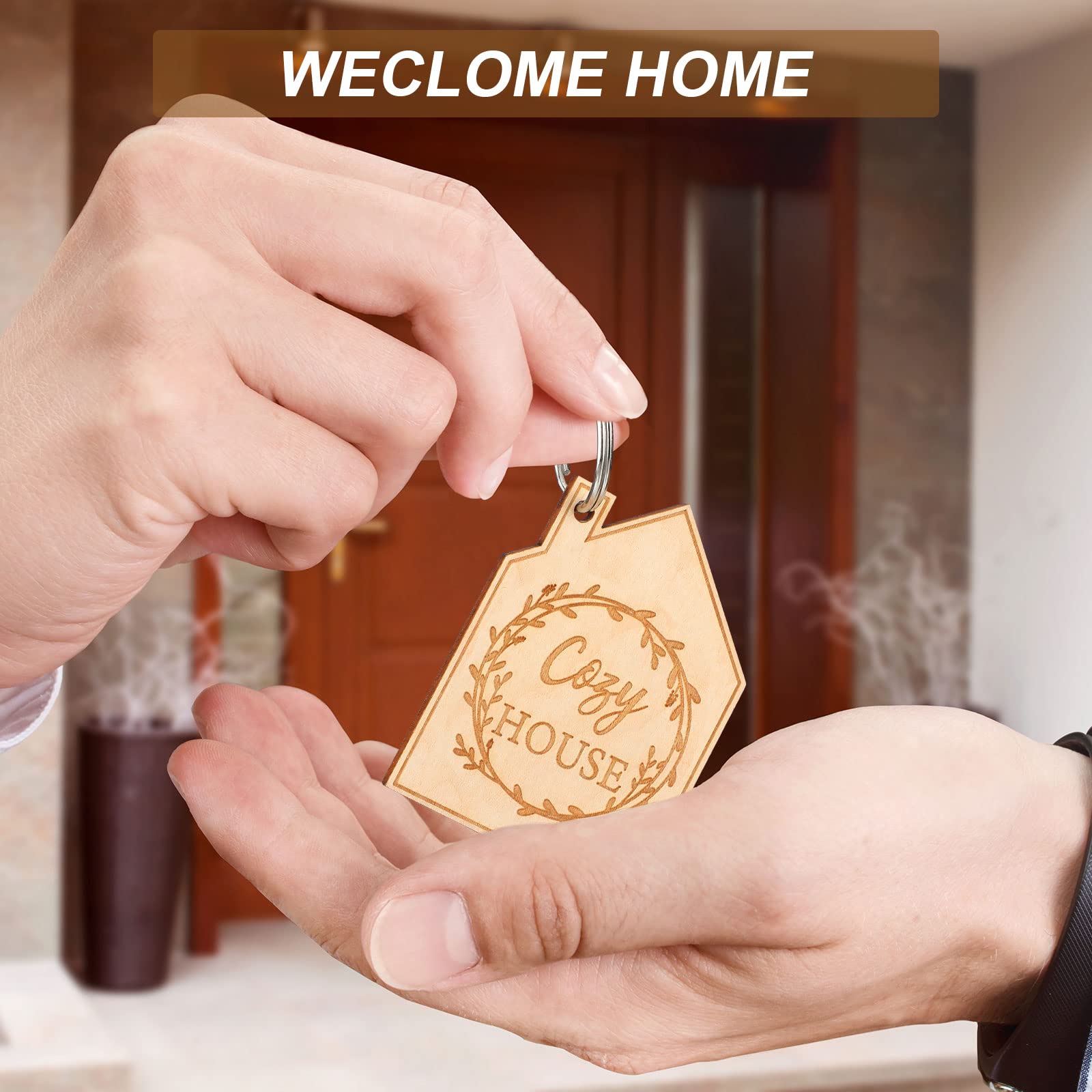 Yinkin 48 Pcs New Home Keychain Bulk Welcome Home Wood House Keychain Cute Home Keychain New Home Key Ring Decoration with Organza Bags for Real Estate Gifts Family Client Home Buyer Customer