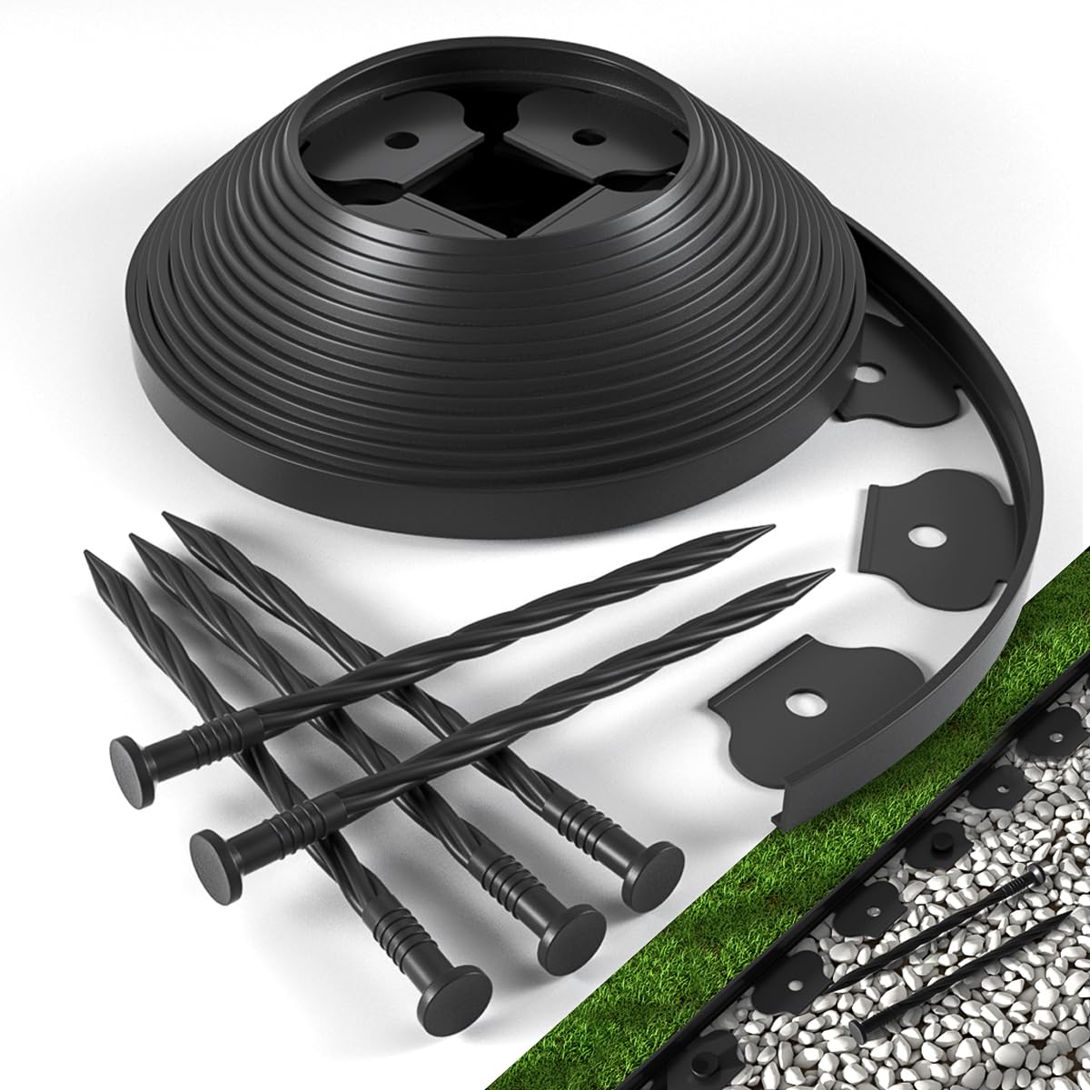 The Tall Wall No-Dig Landscape Edging Kit includes 40 ft of Lawn Edging and 40 Spikes. This Garden Plastic Edging Border is Perfect for Landscaping, Flower Gardens, and lawns. (Black-40ft)